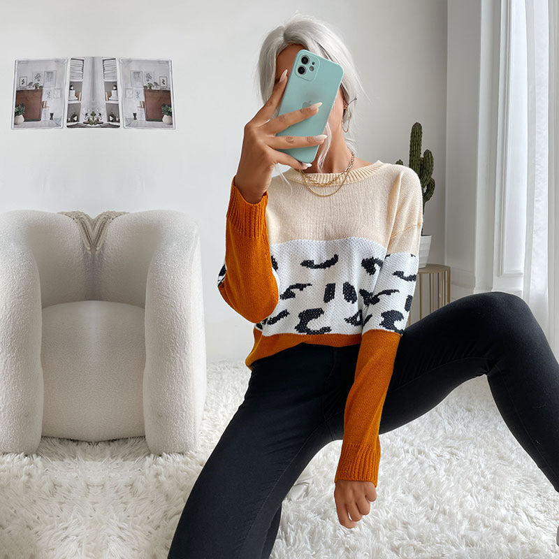 Women's Casual Long-Sleeved Sweater with Stylish Color Matching