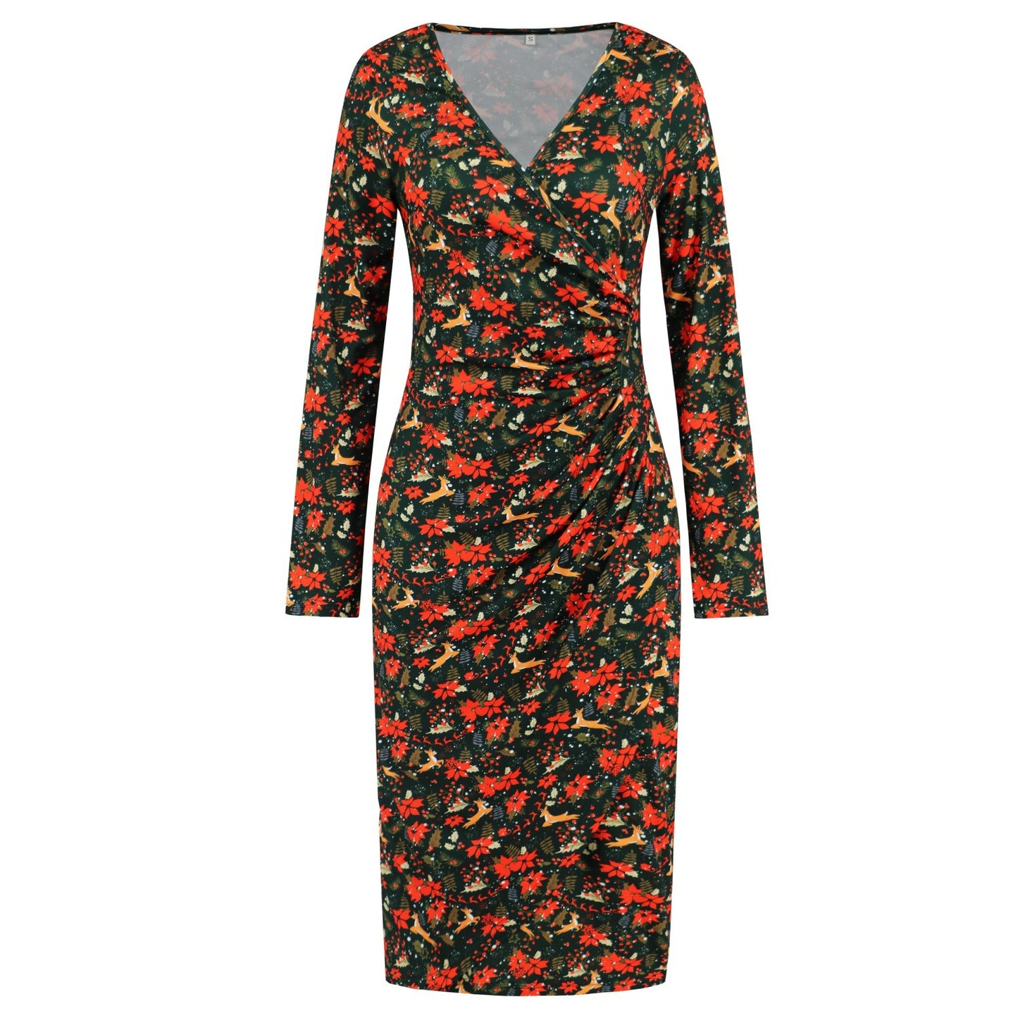 Christmas Printed Dress V-Neck Slimming Slim Dress Autumn And Winter Women's Plus-Size