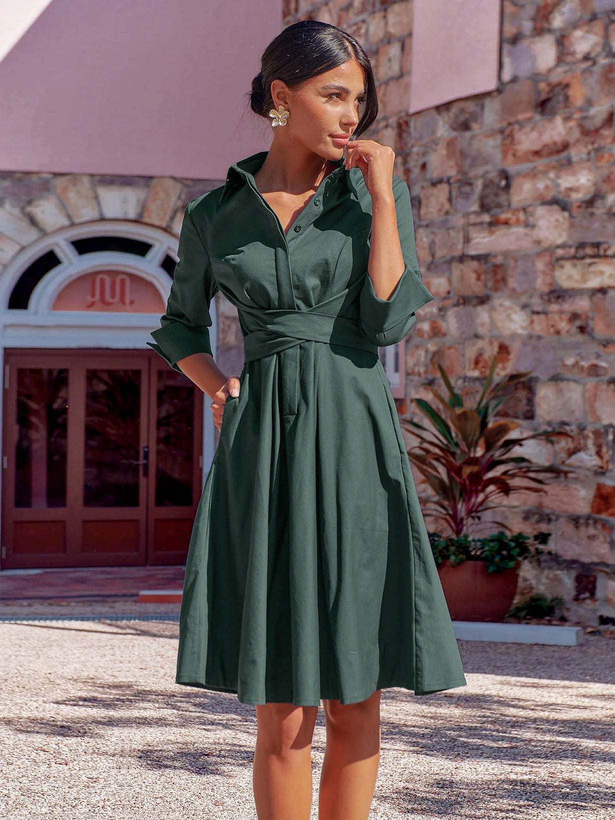 Women's Temperament Elegant Dress Autumn Lace-Up Midskirt Solid Color Shirt A-Line Skirt