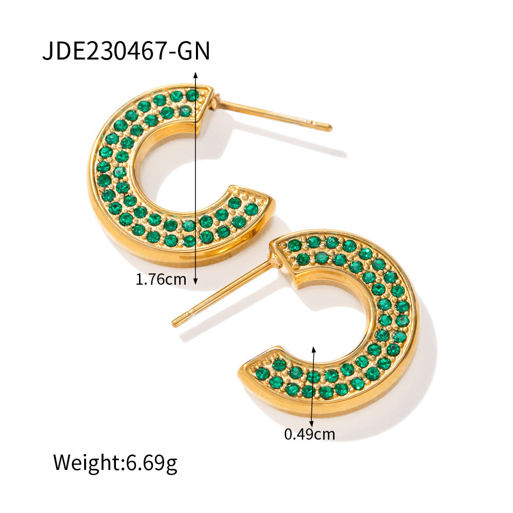 5pcs New All-Match 16K Gold Stainless Steel C Shape Green Zircon Earrings Fashion Earrings