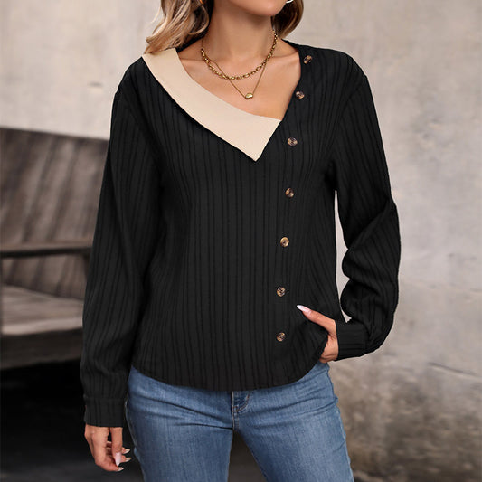 Autumn New Blouse Color Splicing V-Neck Long Sleeve Button Decoration Top