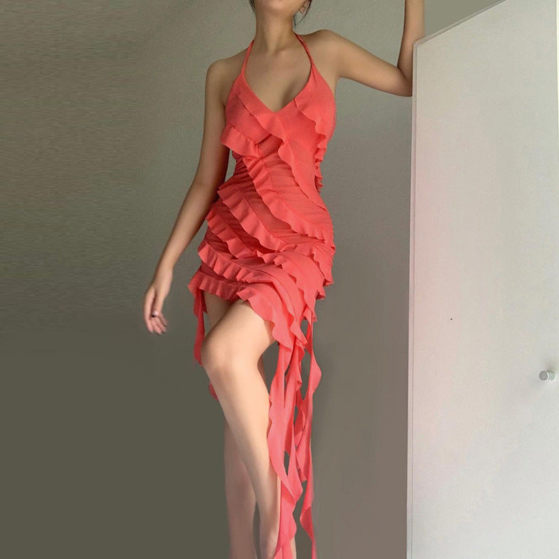 Style Summer New Women's Solid Color Fashion Irregular Design Sense Tie Up Halter Slim Dress