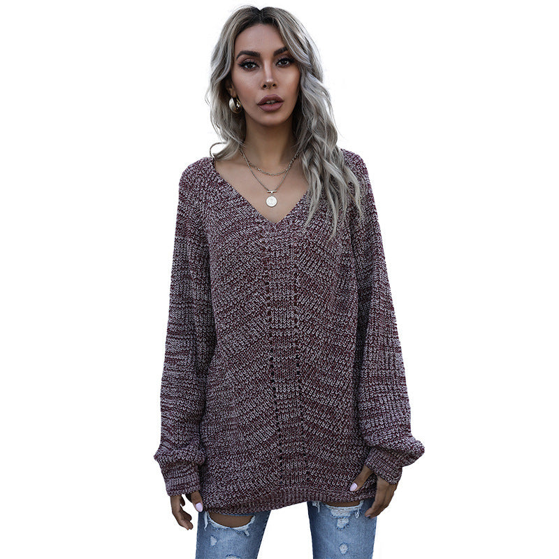 Women's Long-Sleeved Loose V-Neck Sweater with Mixed Colors