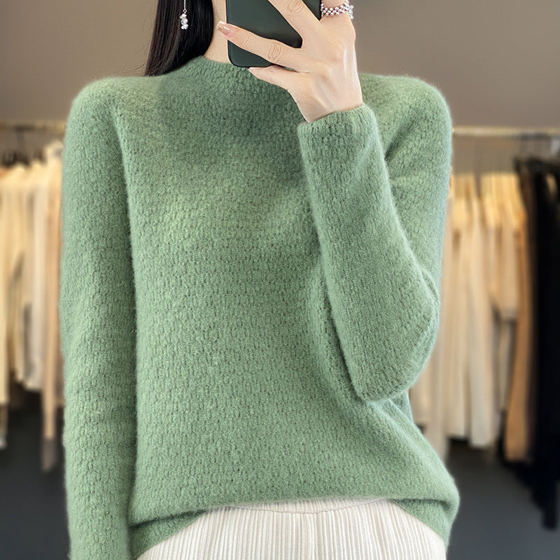 Autumn And Winter Knitted Pure Woolen Sweater Female Half Turtleneck Hollowed Out Loose Pullover Sweater Slimming Top Base Shirt