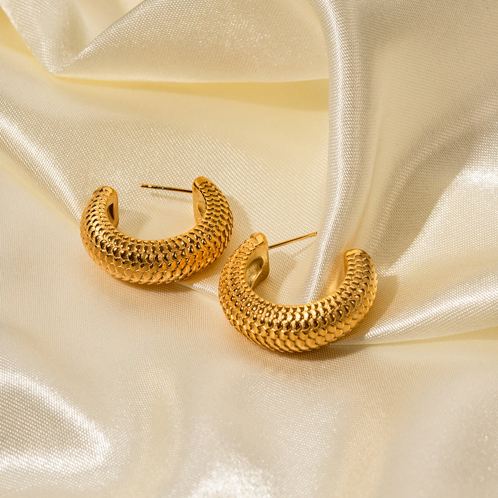 5pcs 18K Real Gold Stainless Steel Thick Cylindrical Fish Scale Shaped C Earrings Do Not Fade Color Jewelry