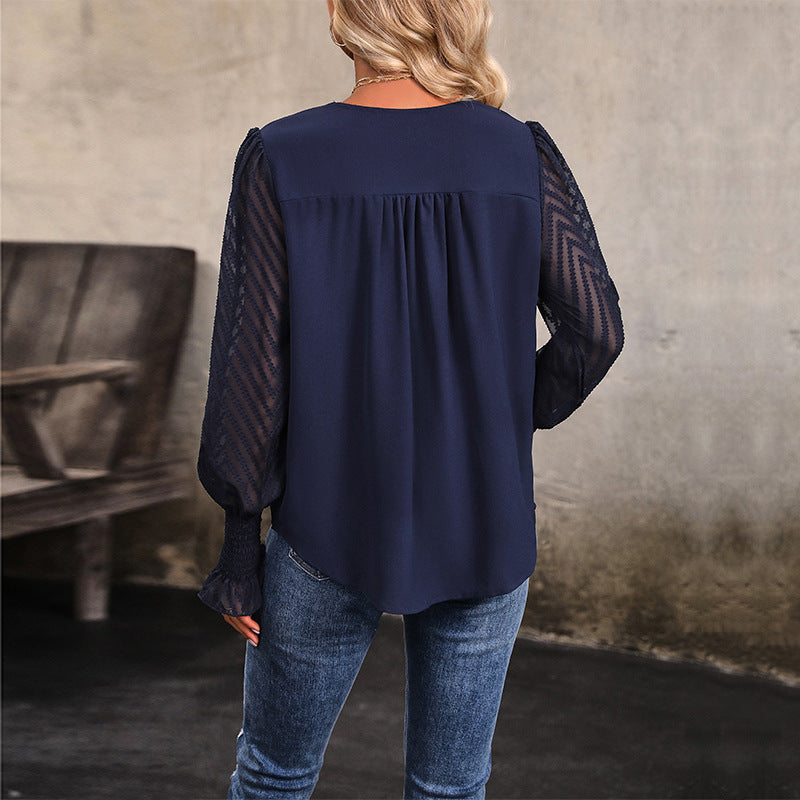 Autumn Shirt Long Sleeve V-Neck Solid Color Shirt For Women