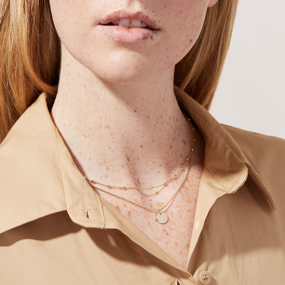5pcs 18K Gold Plated Double Pendant Necklace Stainless Steel Bead Chain Disc Pendant Neck Chain Women's Fashion Collars