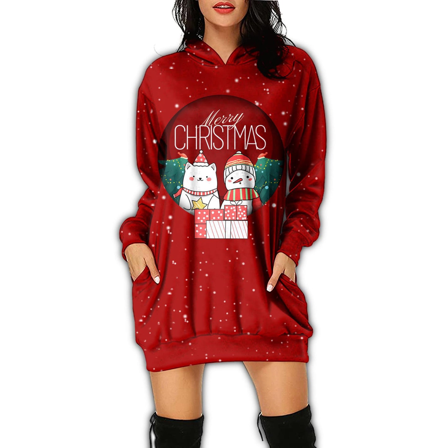 Autumn Women's Print Casual Long-Sleeved Hoodie Dress Christmas Holiday Party Dress