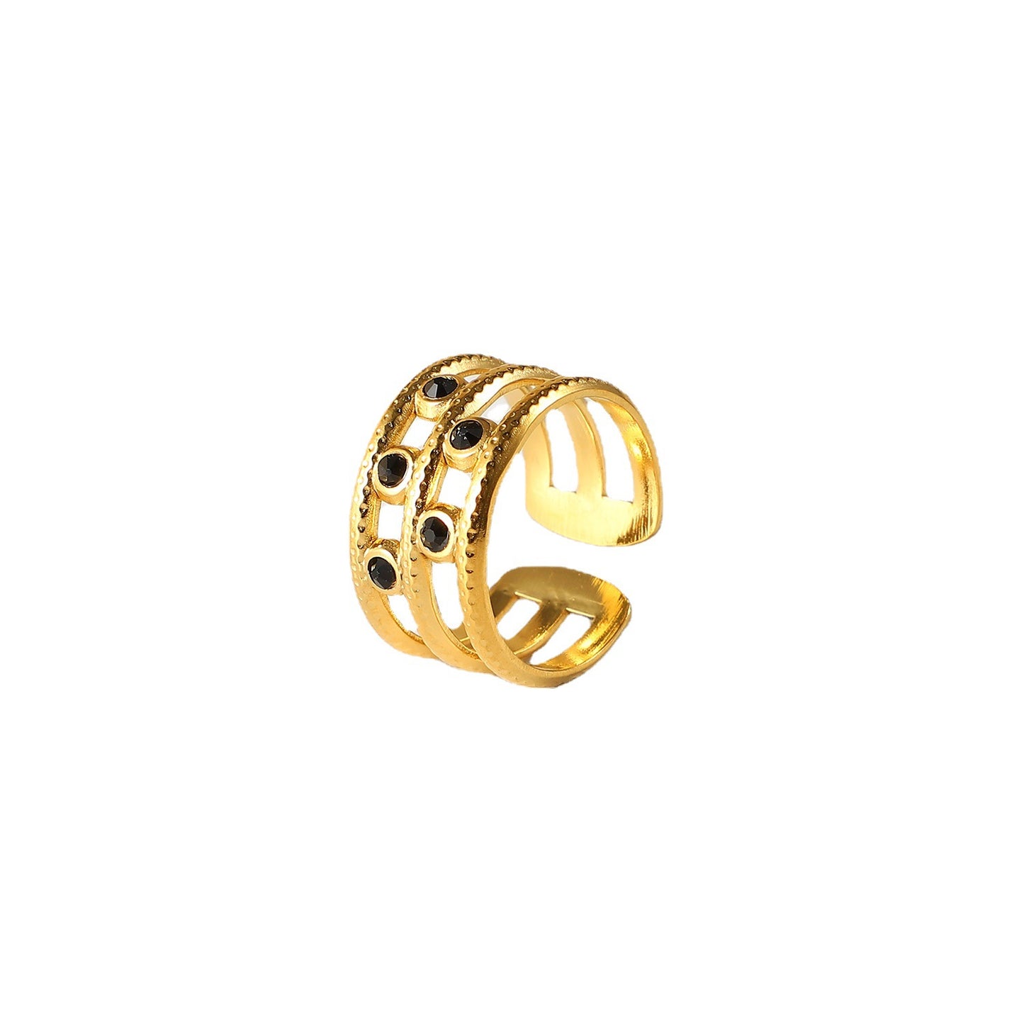 5pcs 18K Gold-Plated Stainless Steel 5 Black Diamond Three-Layer Open Ring Popular Jewelry For Women