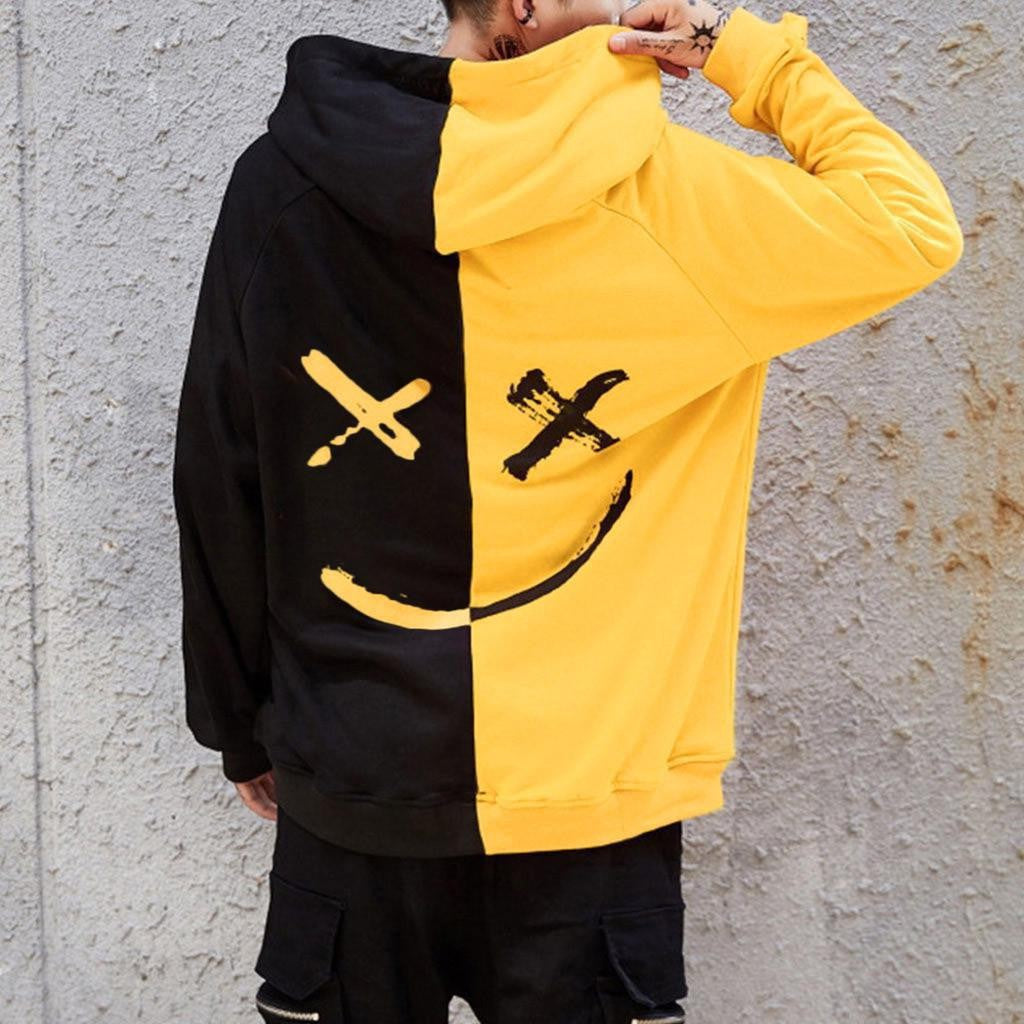 Men's Casual Fashion Color Matching Smiley Hoodie Long Sleeve Sports Hooded Top Men's Wear