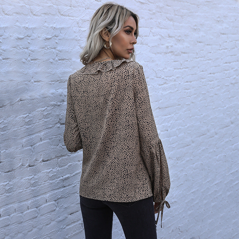 Wind Top Tie Loose V-Neck Long Sleeve Leopard Lace Shirt