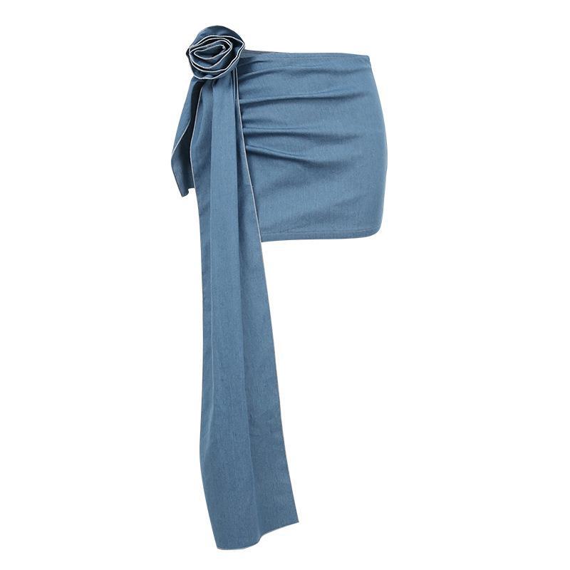 Sexy Solid Color Summer Slim Fashion Design Sense Big Flower Imitation Denim Skirt