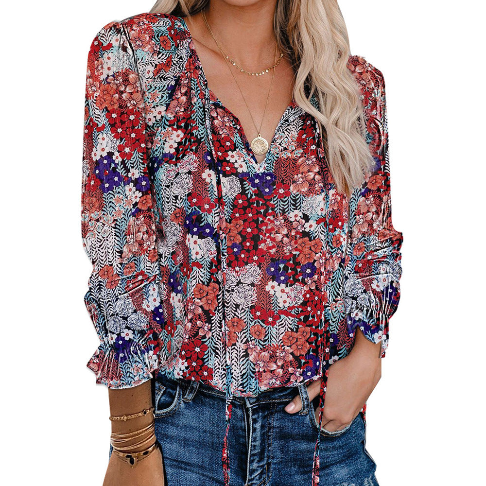 Bohemian Style Long-Sleeved Chiffon Blouse Women's Loose V-Neck Pullover Top