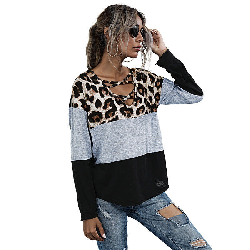 Leopard Print Patchwork T-Shirt Women Loose Long Sleeve Trend Square Collar Top Women