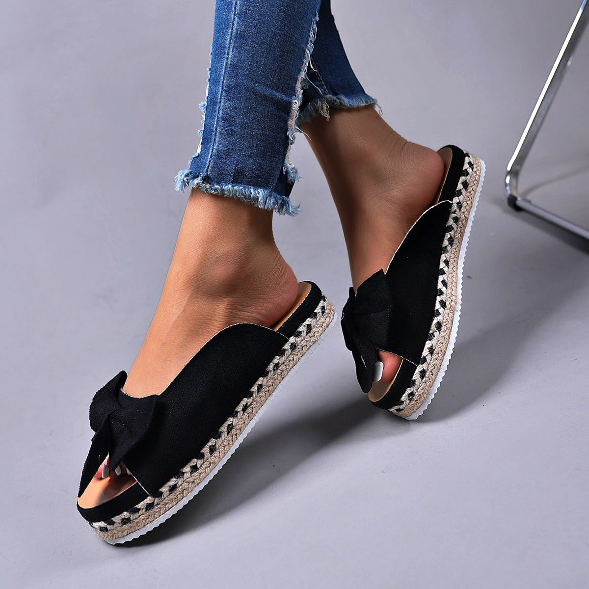 Thick Bottom One Line Sandals Female New Large Size Bow Outside To Wear Beach Slippers