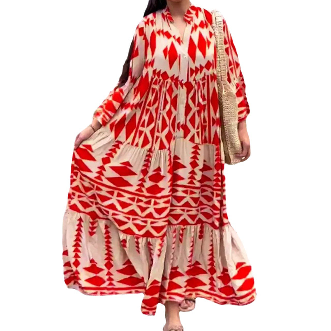 Large Size Women's Dress Autumn New Pullover Printed Bohemian Dress Women