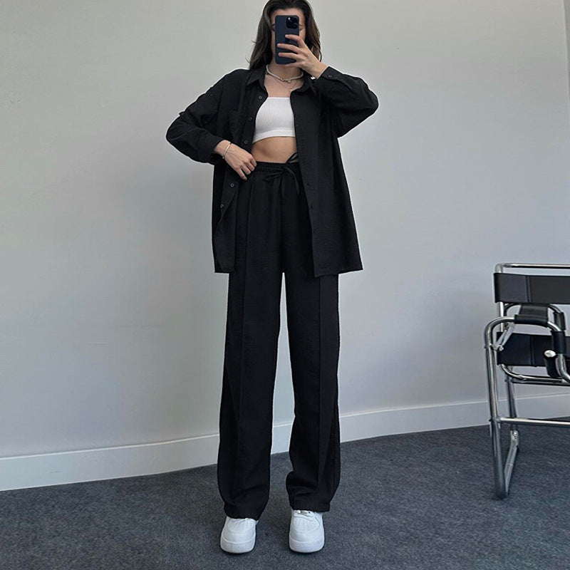 Women's Autumn And Winter Long-Sleeved Shirt Folds Elastic Waist Trousers Elegant Two-Piece Set New