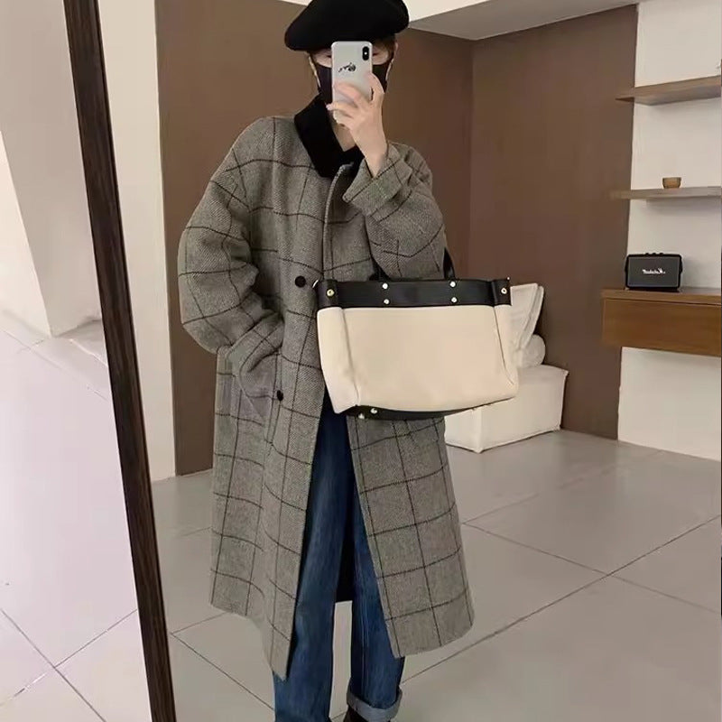 Women's New Mid-Length Vintage Suit Plaid Contrasting Huben-Style Coat