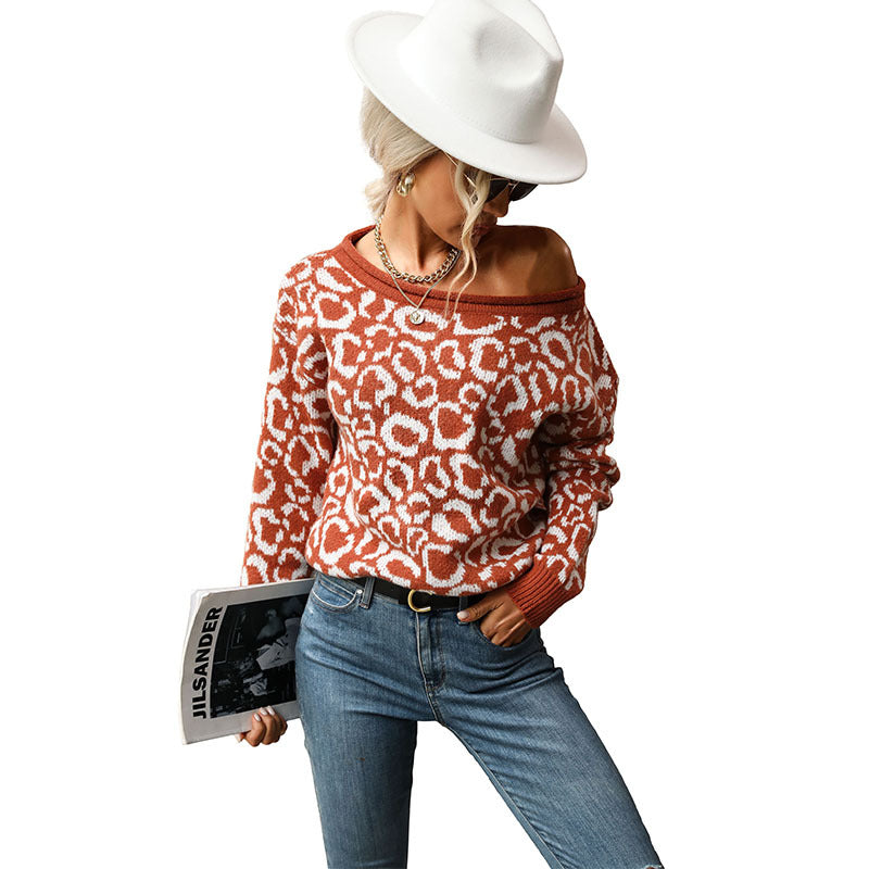Autumn/Winter New Women's Casual Jacquard Long-Sleeved Leopard Print Sweater