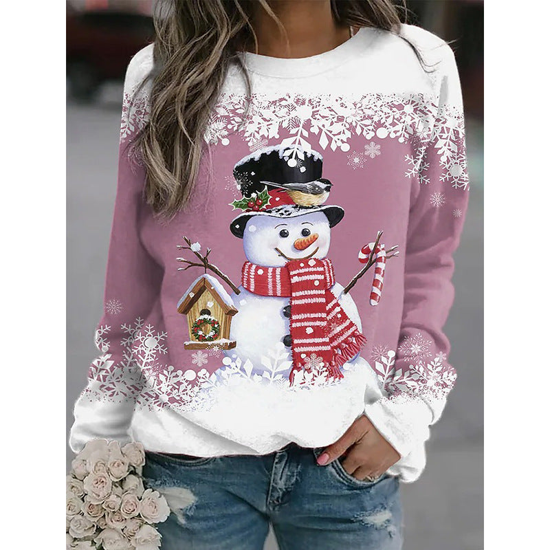 Christmas Round Neck Women's Hot Snowman Print Women's T-Shirt Autumn And Winter Loose Hoodie