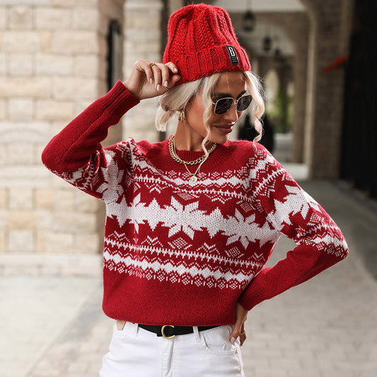 Autumn And Winter New Women's Fashion Crewneck Red Knitted Christmas Snowflake Sweater