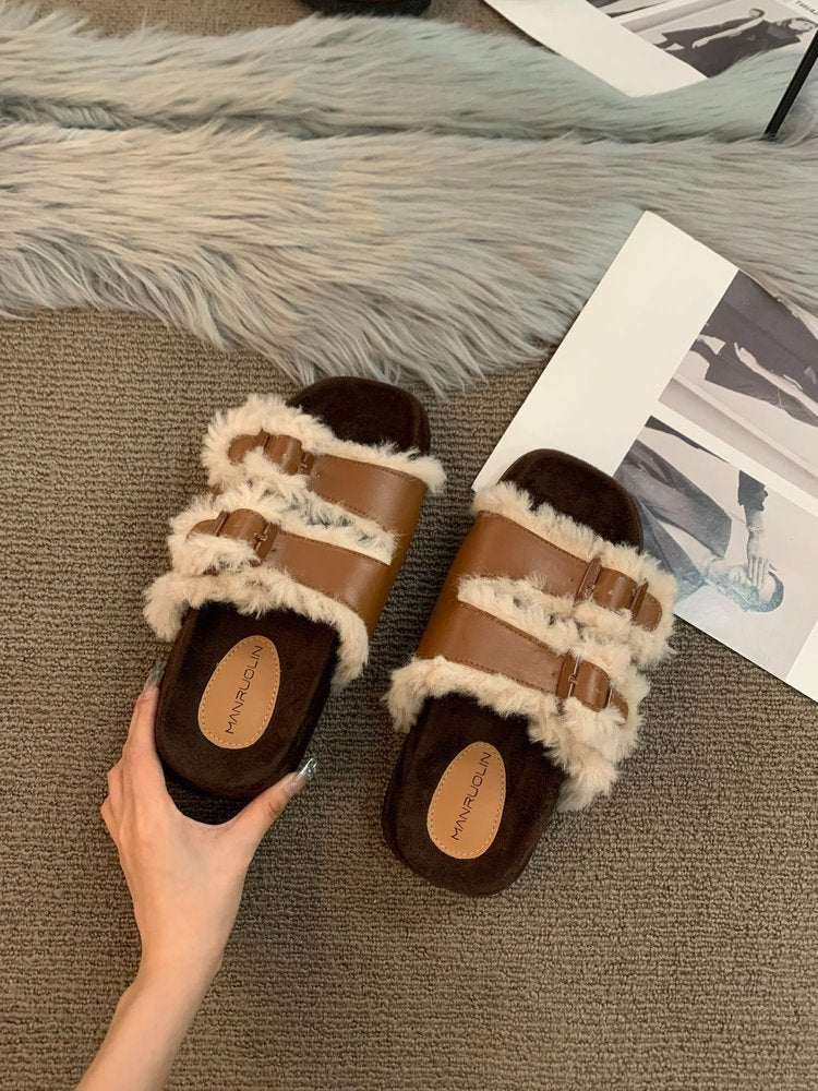 Fashion Niche Retro Furry Slippers Female Wear Autumn New Thick Soles