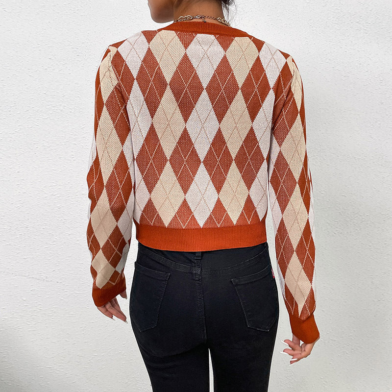 Autumn And Winter Chic Women's Long-Sleeved Ringer Check Sweater