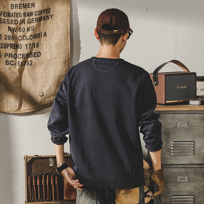 Retro Heavy Long-Sleeved T-Shirt Men's Spring And Autumn Loose Big Size Tough Guy Base Henry Shirt