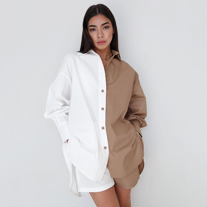 Autumn Women's New Color Contrast Long-Sleeved Shirt Shorts Two-Piece Cotton And Linen Casual Fashion Suit