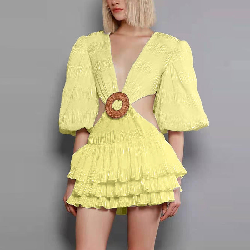 Dew Waist A-Line Skirt Autumn New Careful Machine Sexy Solid Color V-Neck Bubble Sleeve Dress Woman