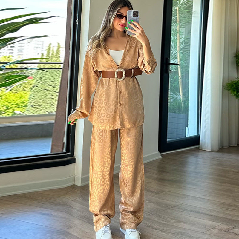 Women's Leopard Print Jacquard Spring And Autumn Long Sleeve Shirt Elastic Waist Loose Trousers Two-Piece Set