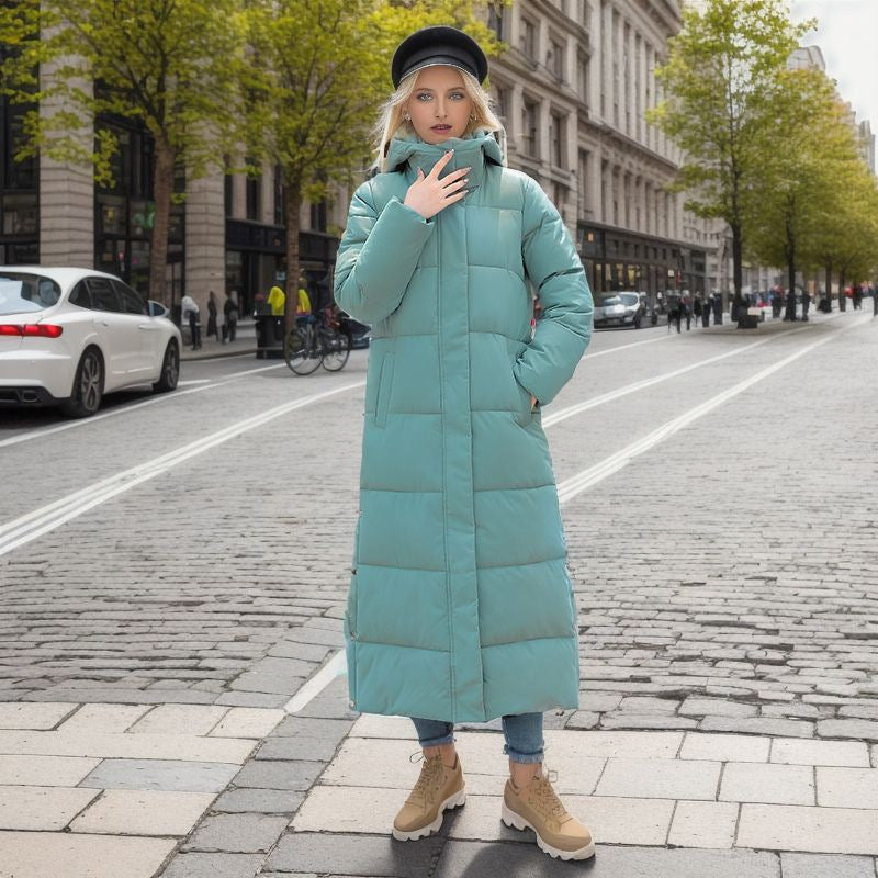 Over The Knee Long Padded Coat Women's Winter New Korean Version Of Fashion Slim-Fit Down Cotton Hooded Thick Padded Coat