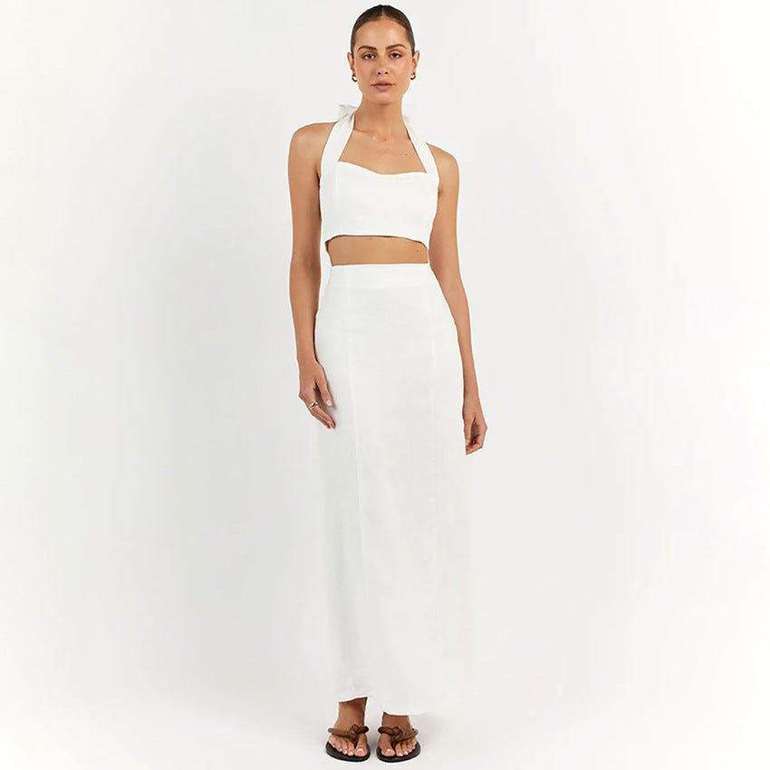 Summer New Cotton Hemp Halter Vest Long Dress Set Holiday Half Skirt Small Fashion Woman