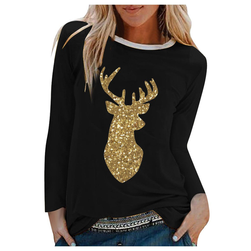 Cross Fall New Ladies Christmas Sequined Antler Print Ladies Fresh Sweet Long Sleeve T-Shirt