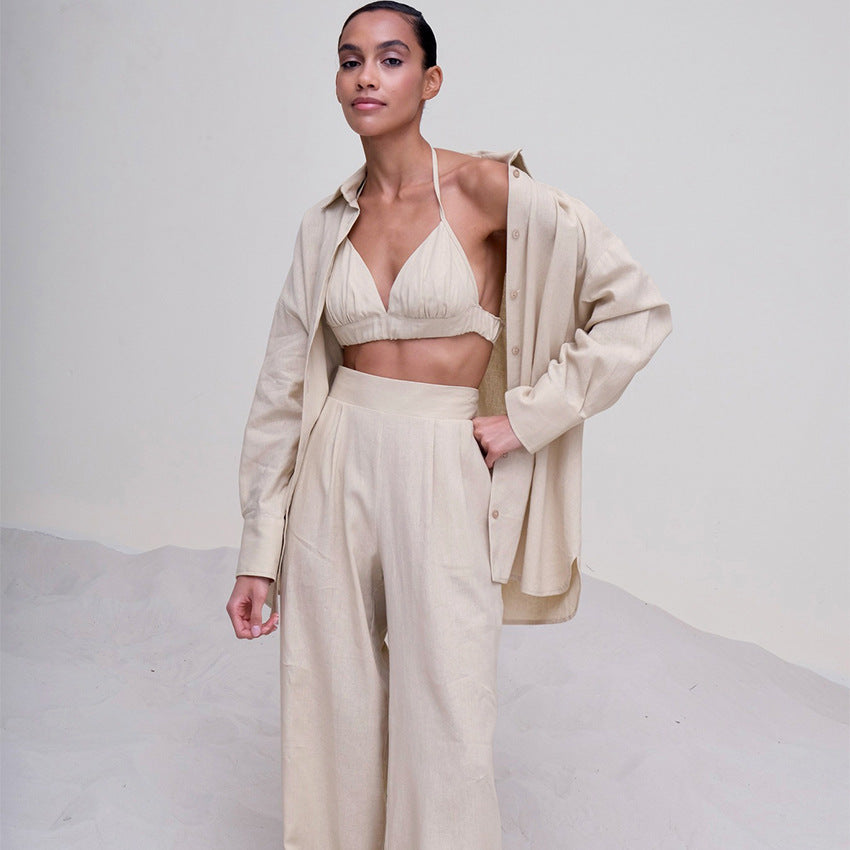 Summer Cotton Linen Women's Shirt Three-Piece Set Of Temperament Vest Straight Pants Design Sense Of Fashion Casual