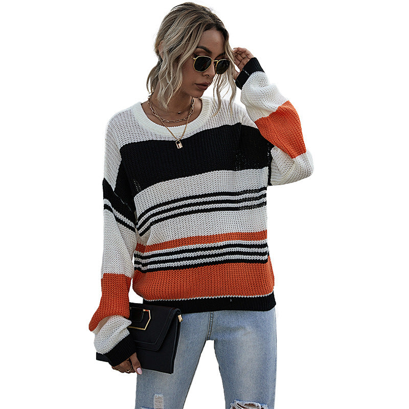 Three-Color Patchwork Striped Knit Sweater Women Loose Long Sleeve Autumn