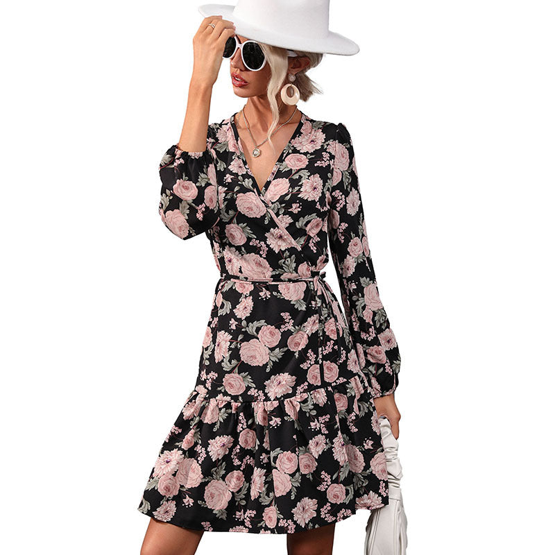 Wrap Dress Women New Floral Long-Sleeved V-Neck Dress