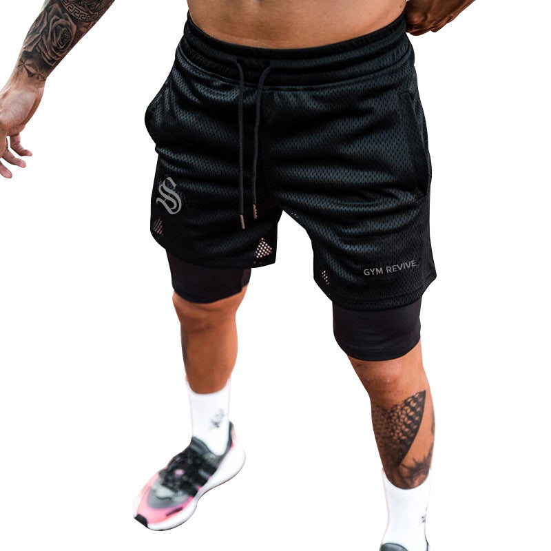 Fitness Shorts Men's Quick Drying Outdoor Sports Large Size Double-Lined Mesh Five Quarter Pants