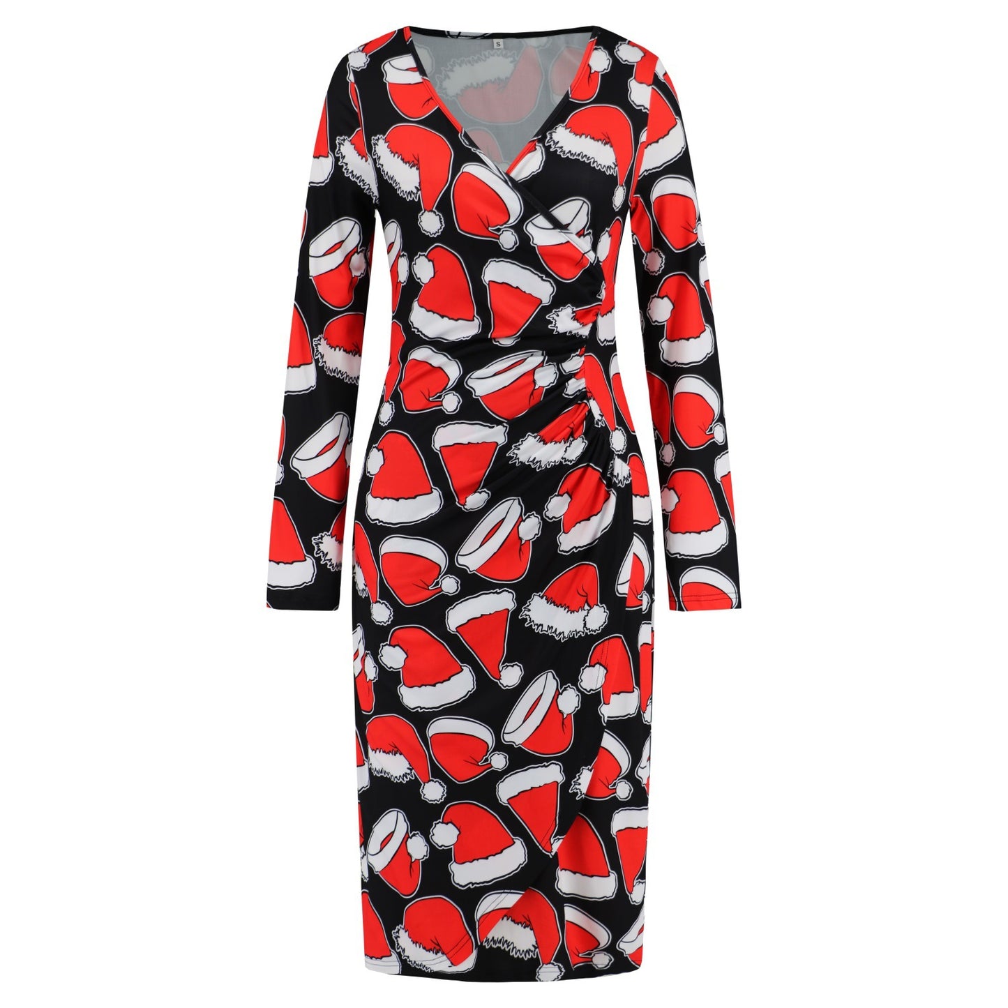 Christmas Printed Dress V-Neck Slimming Slim Dress Autumn And Winter Women's Plus-Size