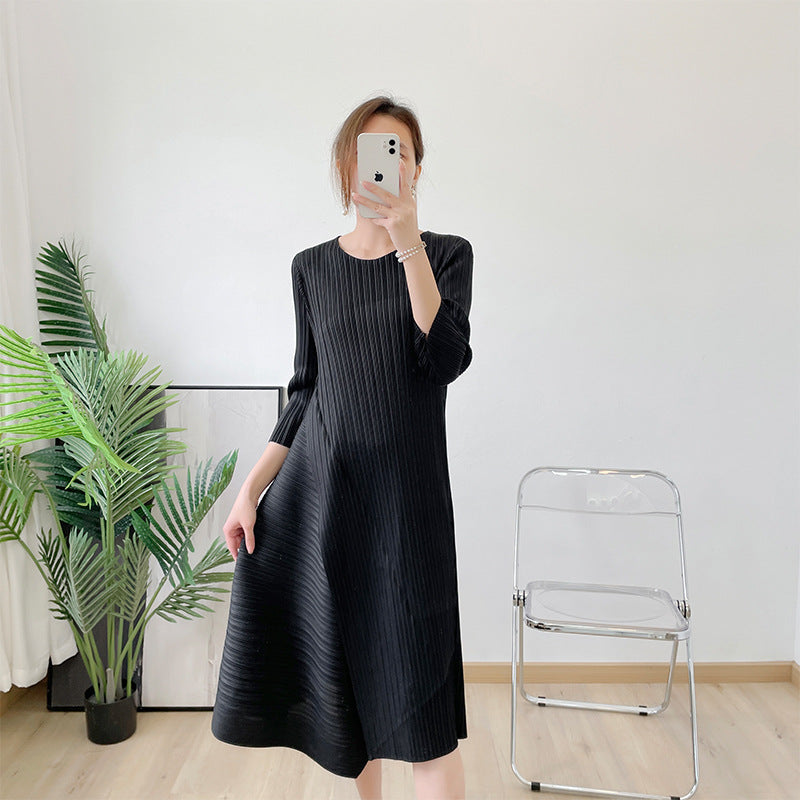 Pleated Dress Summer New Temperament Plus Size Round Neck Irregular Fashion Slimming Dress