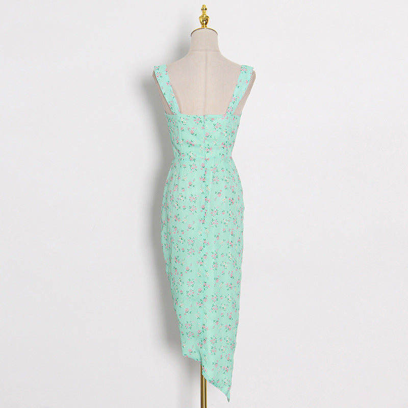 Small Fresh Print Long Dress Summer Fashion Sleeveless Print Drawstring Sexy Irregular Dress Long Woman