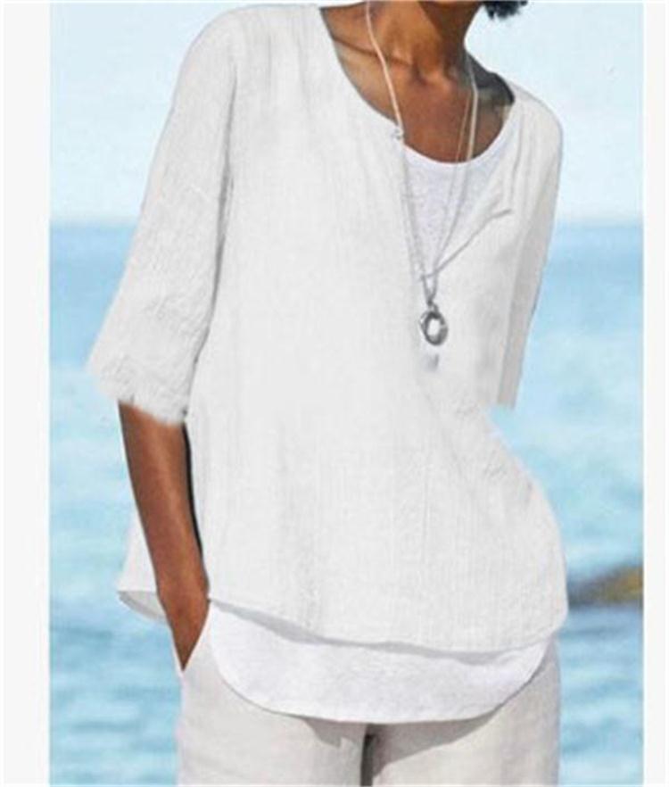 New Autumn And Winter V-Neck Solid Color Cotton Linen Large Size Sleeve Women's Shirt