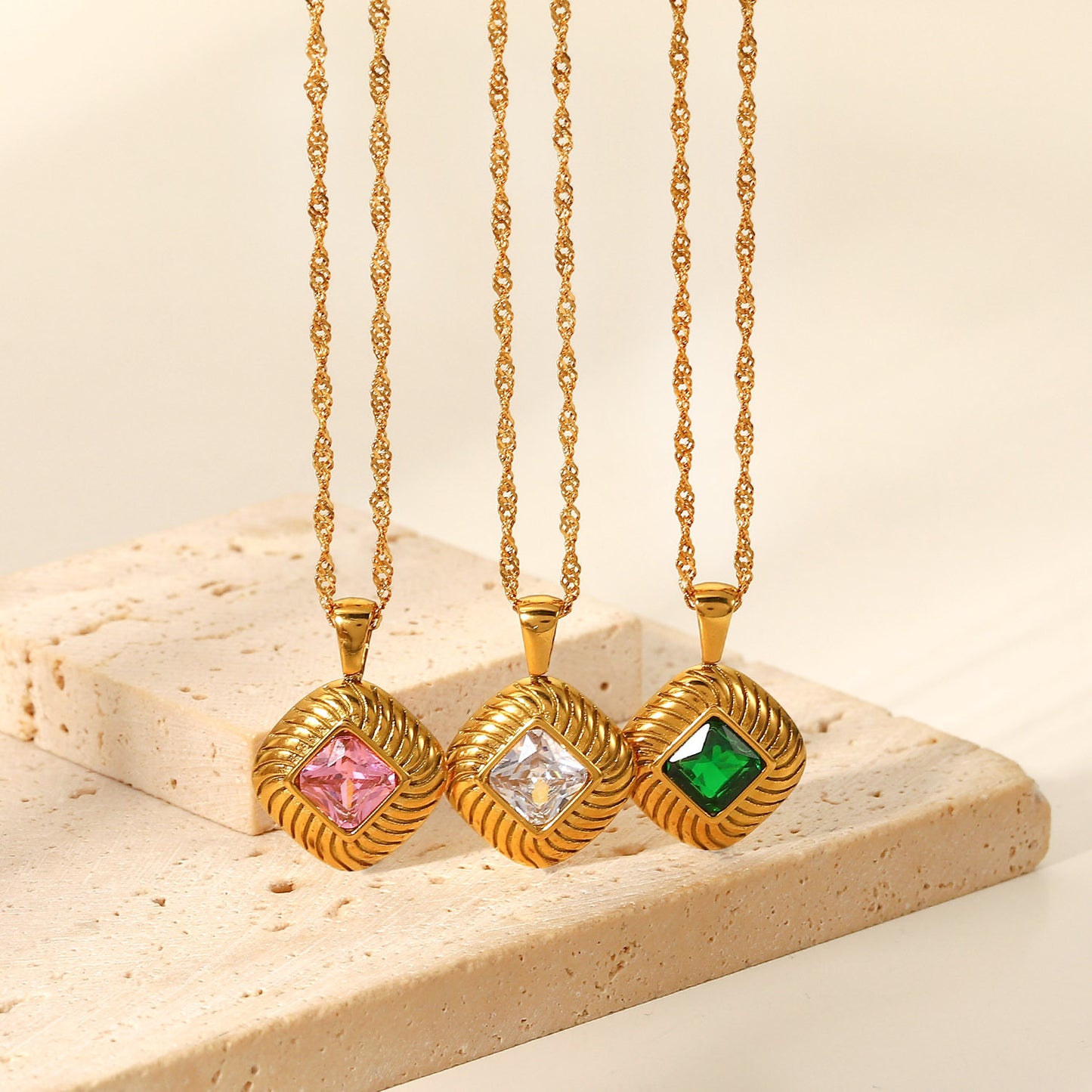 5pcs New Stainless Steel Necklace 18K Gold Square Rib Buttons White // Green Zircon Pendant Necklace For Women