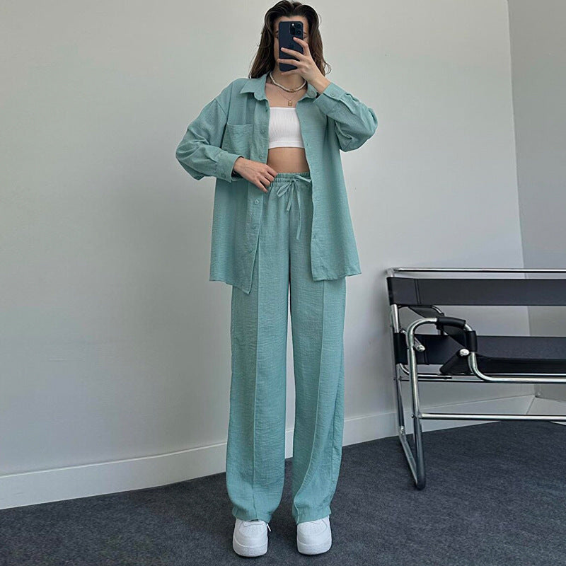 Women's Autumn And Winter Long-Sleeved Shirt Folds Elastic Waist Trousers Elegant Two-Piece Set New