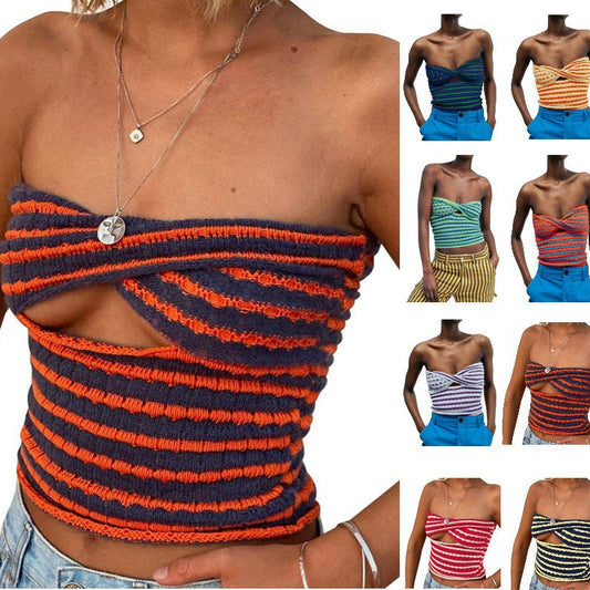 Spring/Summer Sweater Women's Sexy Striped Sweater Knit Halter Top Vest Woman
