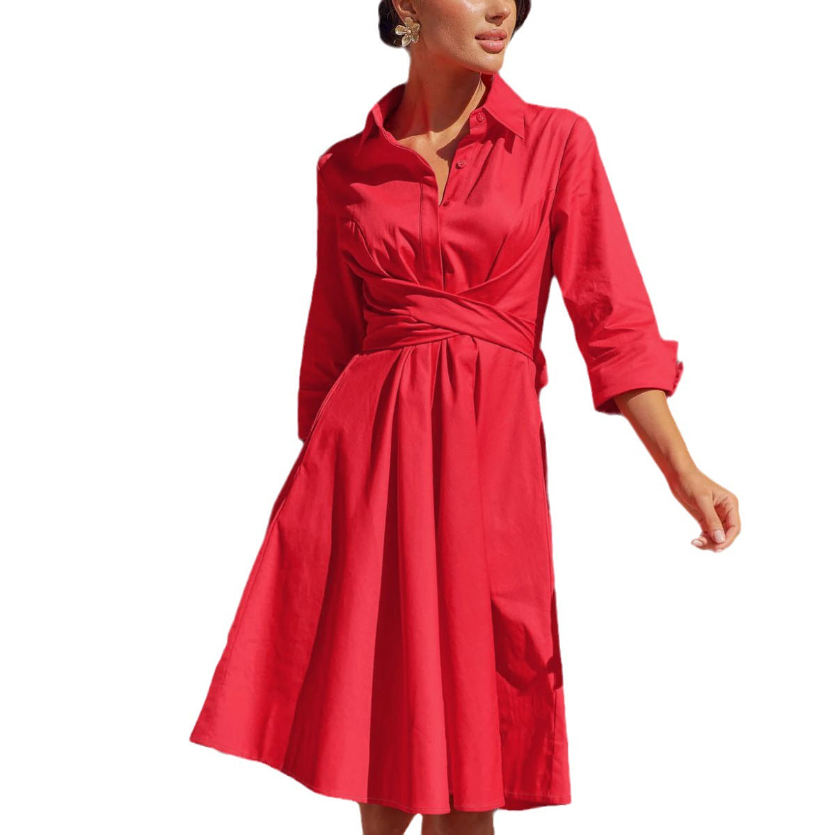 Women's Temperament Elegant Dress Autumn Lace-Up Midskirt Solid Color Shirt A-Line Skirt