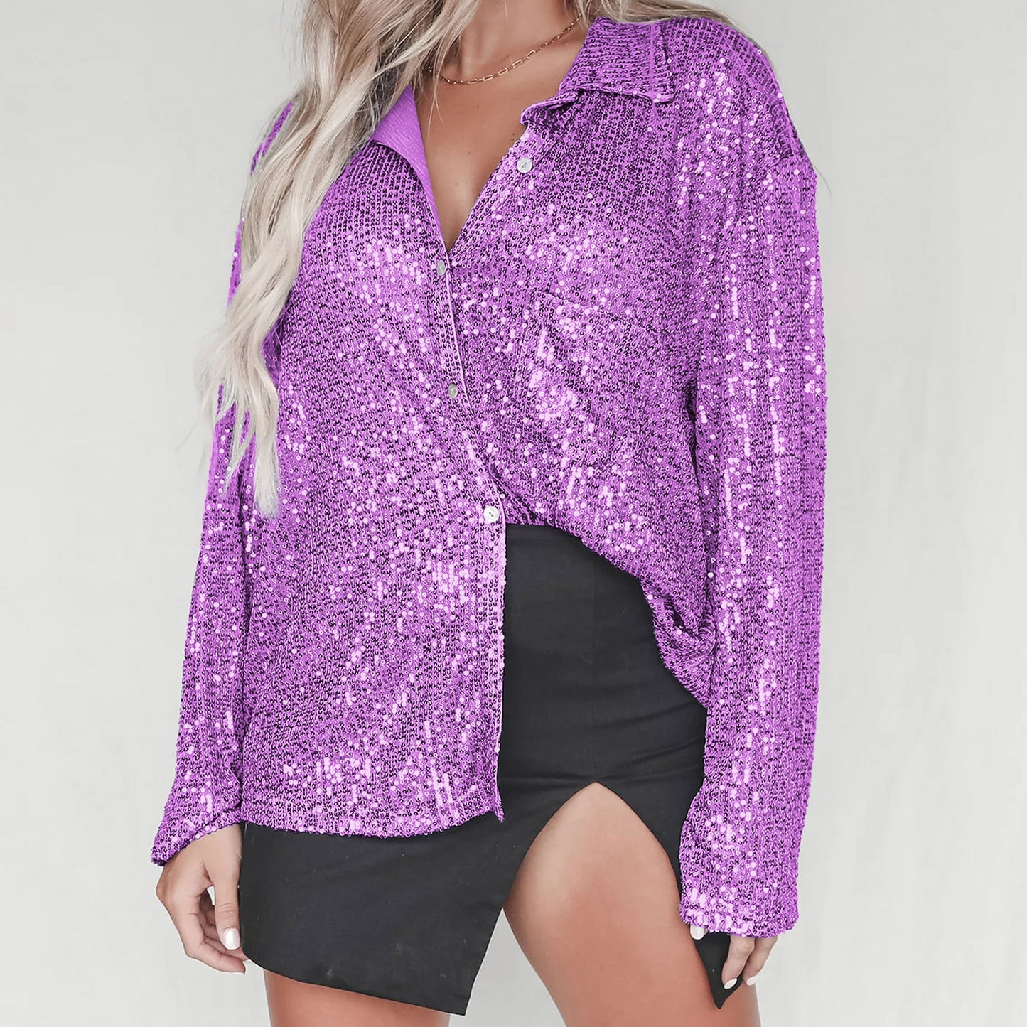 Autumn Beaded Shirt Sexy Women Spice Girls Solid Color Button Up Top Long Sleeve Sequin Cardigan
