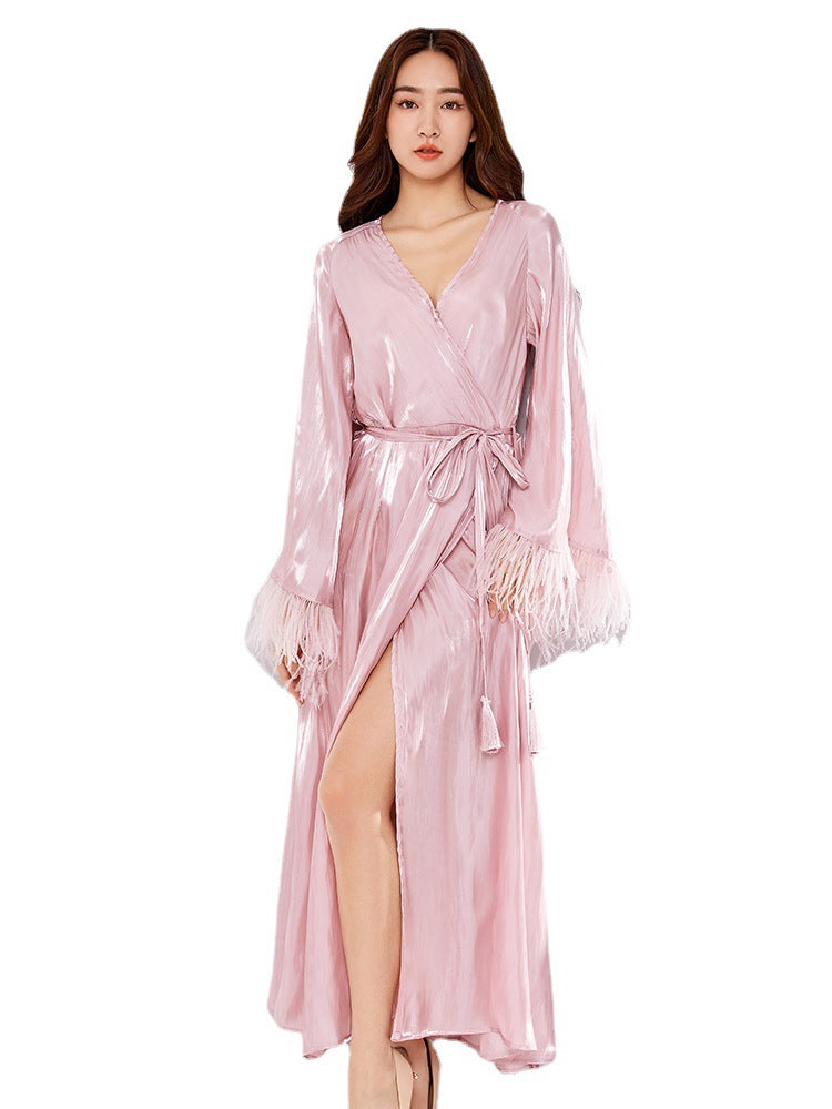 Dress Female Summer Streamer Design Pink Ostrich Feather Holiday Style With Waist Strap Slim-Fit Nightdress Gown