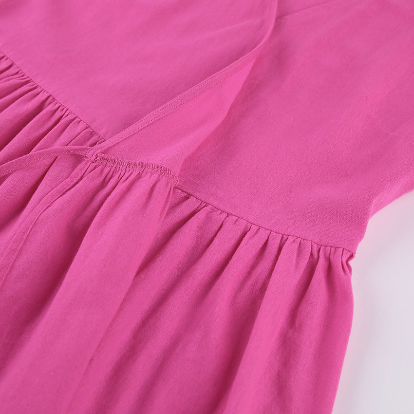 Summer New Cotton Commuter V-Neck Slit High Waist Waist Design Sense A-Line Skirt Dress Women