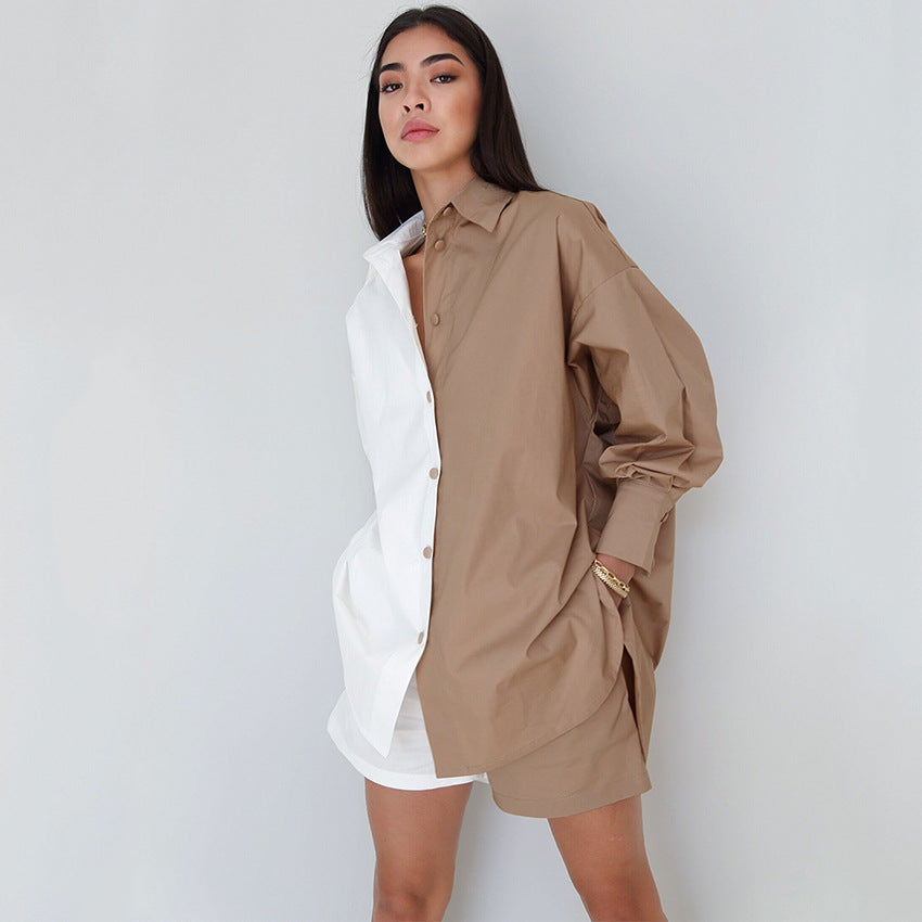 Autumn Women's New Color Contrast Long-Sleeved Shirt Shorts Two-Piece Cotton And Linen Casual Fashion Suit